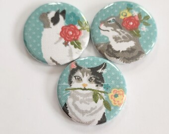 Bohemian cat magnets, cute cat magnets, whimsical cat magnets, pick your favorite cat magnets, 1.25 inch, set of three cat magnets