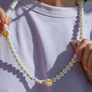 Playful Smiley Beads and Pearls Necklace. Charming Handcrafted Jewelry. Gift for Positivity and Joy. Present for Trendy Woman.