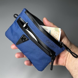 May include: Blue wallet with black zippers and a black pull cord. The wallet is open, revealing a pen, a card, and some paper money. The word "GEOM" is printed on the wallet.