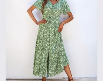 Floral Summer Dress | Green Floral Ladies Summer Dress | Casual Midi Holiday Dress | Casual Dress | Long green dress for summer