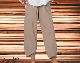 Frauen Leinenhose, Elegant, Hohe Taille Hose mit Taschen, Klassisch.