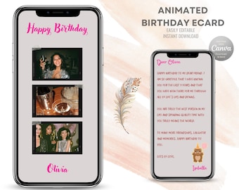 Modèle de carte d'anniversaire animée pour téléphone portable. Thème de célébration amusant. Modifiable avec Canvas. Vidéo de la carte de voeux électronique