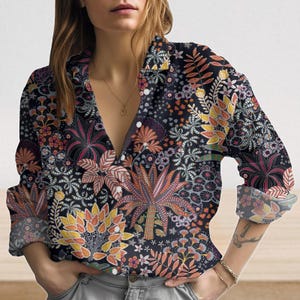 Flowers Retro Linen-Look Shirt, Botanical Blouse Shirt, Floral Flowers Women Shirt, Gardening Casual Tops For Summer, Nature Love Gift