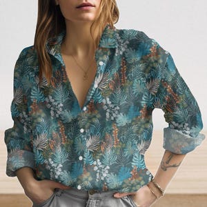 Botanical Linen-Look Shirt, Plants Blouse Shirt, Leaf Print Casual Shirt, Tropical Summer Vacation Top, Nature Love Shirt, Gift For Her