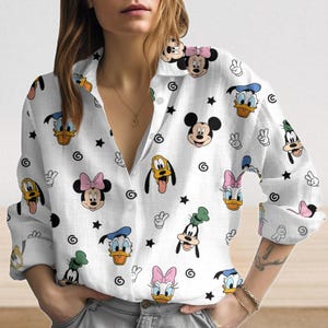 Mickey And Friends Linen-Look Shirt, Disneyland Trip Women Shirt, Mouse Head Blouse Shirt Women, Magical Cartoon Shirt, Gift For Her