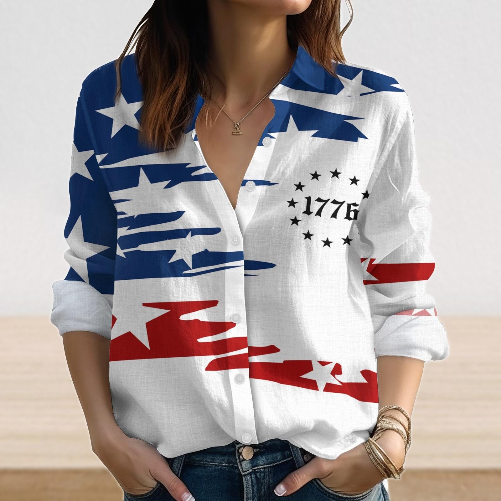 Discover USA Blouse Shirt for Women, American Retro Patriotic Top, Red White Blue Button Shirt, 4th of July Gift