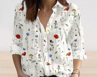 Blumen Leinen-Look-Hemd, Blumen-Frauen-Hemd, botanisches Hemd, Blumennatur-Hemd, Garten-Hemd, Blumen-Liebhaber-Hemd, Geschenke für sie