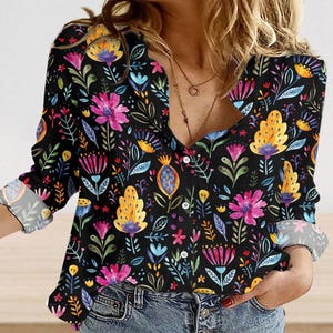Vintage Wildflower Linen-Look Shirt, Cottagecore Casual Shirt, Garden Women Blouses Tops, Floral Flowers Summer Shirt, Gift For Her