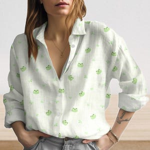 Cute Frog Print Blouse Shirt, Kawaii Frog Women Shirt, Summer Casual Blouse, Cottagecore Shirt, Pastel Aesthetic Top, Gifts For Her