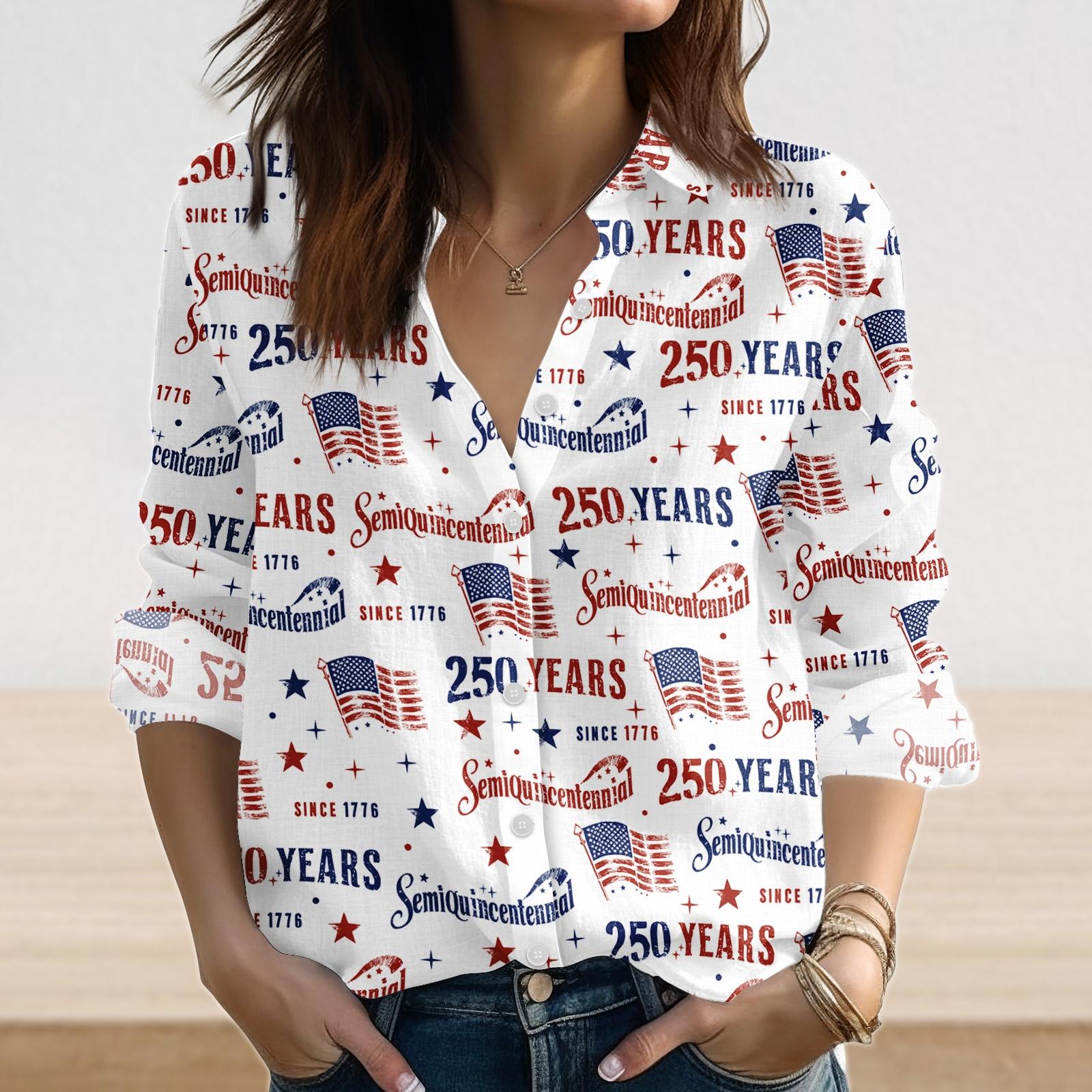 Discover USA 250th Anniversary Linen-Look Women's Blouse, Semiquincentennial American Flag 1776 Shirt, 4th of July Casual Top