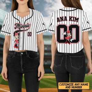 Custom Minnie Mouse Crop Top Baseball Jersey, Disney Minnie Baseball Shirt, Movie Cartoon Jersey, Disneyland Shirt, Disneyworld Shirt