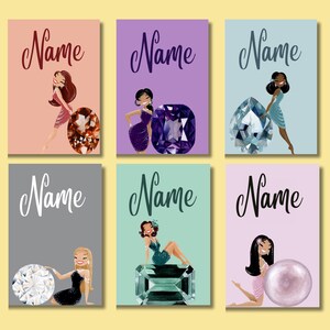 May include: Six colourful cards with the word "Name" in a decorative font. Each card features a cartoon woman with a different gemstone. The gemstones are a brown, purple, blue, clear, green, and pink.