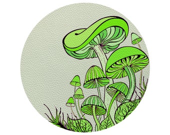 Bohankie "Dancing Mushrooms" Green Round Vegan Pebbled Leather Placemat 16" x 16"