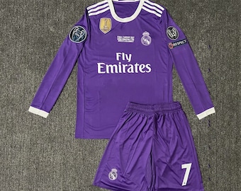 Seizoen 2016 - 2017 Real Madrid Paars Uittenue Volledig shirt Jersey Shirt Shorts Cristiano Ronaldo No 7 Champions League Korte voetbal met lange mouwen