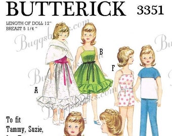 Butterick 3351 - reproduced 12 inch doll clothes sewing pattern - tammy , jan, terry, etc -hard copy