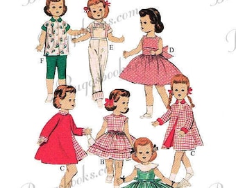 May include: Vintage sewing pattern for doll clothes. The pattern is for a 14-inch doll and includes designs for a dress, skirt, coat, and pants. The pattern is from Butterick and is number 7973.