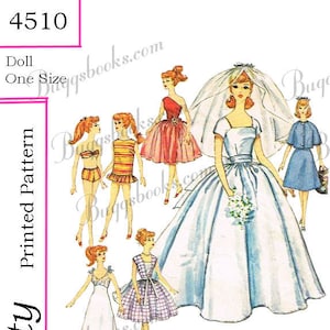 May include: Simplicity pattern number 4510 for a doll, with the text "Doll One Size" printed on the top. The pattern includes a variety of dresses, including a wedding dress, a sundress, a swimsuit, and a nightgown. The pattern also includes a cape and a skirt.
