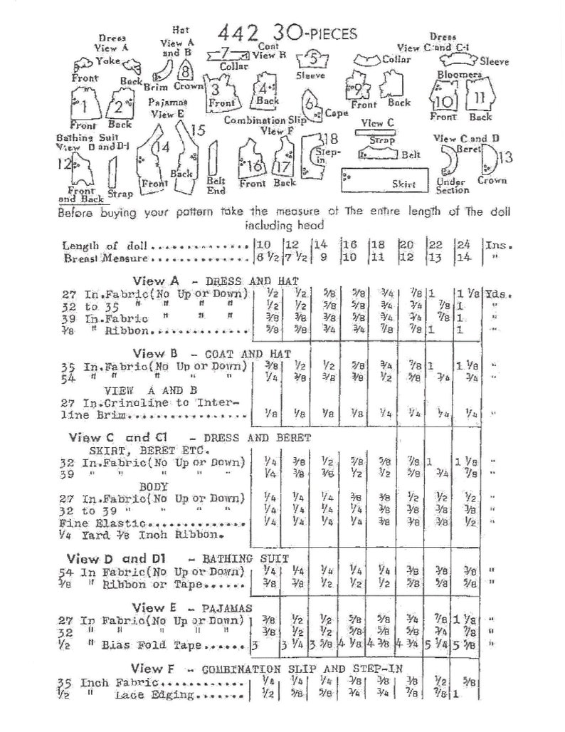 doll sewing pattern reproduction hard copy Butterick 442 for 10 inch patsy