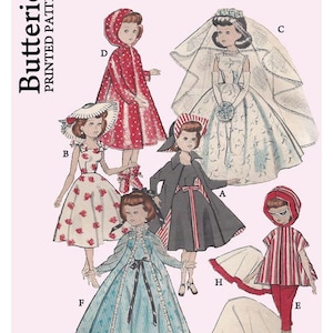 以下が含まれることがあります： 人形の服のためのヴィンテージの裁縫パターン。パターンには、ウェディングドレス、レインコート、帽子付きのドレス、ジャケット付きのドレス、ケープ付きのドレス、スカート付きのドレスを作るための指示が含まれています。パターンは、10 1/2インチの人形用です。