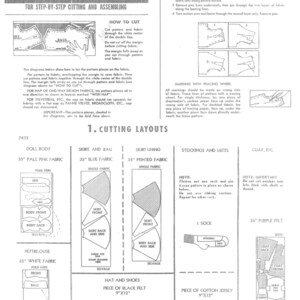 May include: A sewing pattern guide for a doll, skirt, coat, hat, and shoes. The guide includes instructions for cutting and assembling the pieces. The pattern pieces are laid out on the fabric, with instructions for folding and cutting. The guide also includes a note about using tracing wheels to mark the fabric.