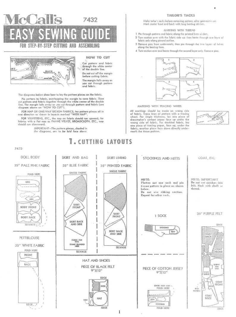 May include: A sewing pattern guide for a doll, skirt, coat, hat, and shoes. The guide includes instructions for cutting and assembling the pieces. The pattern pieces are laid out on the fabric, with instructions for folding and cutting. The guide also includes a note about using tracing wheels to mark the fabric.