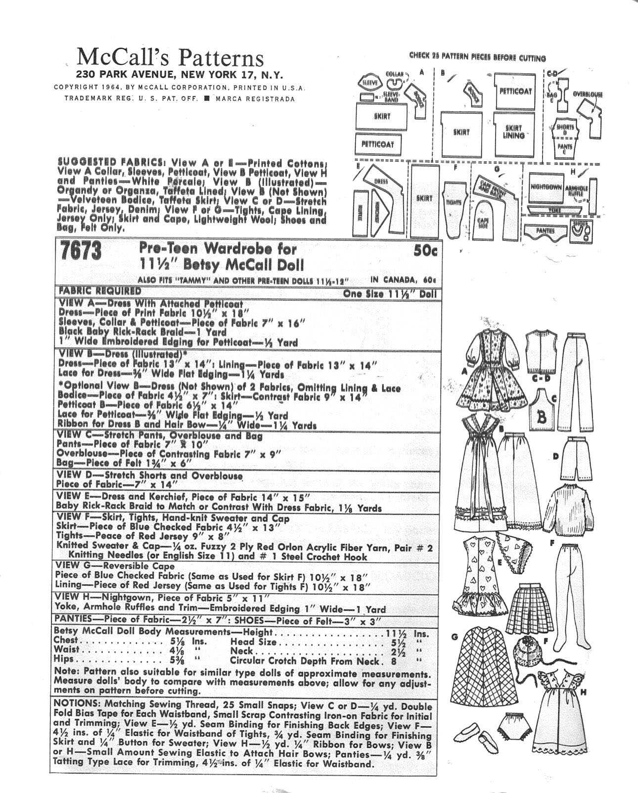 McCalls 7673 for 11 1/2 inch dolls betsy mccall, tammy, etc doll sewing ...