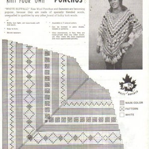 May include: A chart showing different knitting patterns for a poncho. The chart is labeled "White Buffalo" and shows the main color, pattern, and white sections of the design.