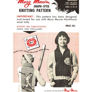 May include: A vintage knitting pattern for a baseball cardigan for girls or boys, sizes 8-10-12. The pattern is designed for use with Mary Maxim Northland wool and features a color fast, shrink resistant, moth proof design. The pattern is priced at 25 cents.