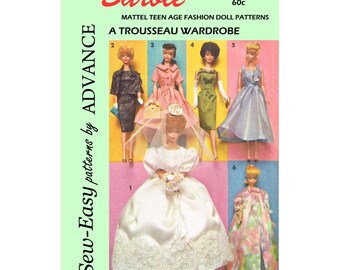 1960's Advance 2895 - for 11 1/2 inch dolls such as barbie, etc - bridal gown, nightgown, peignoir