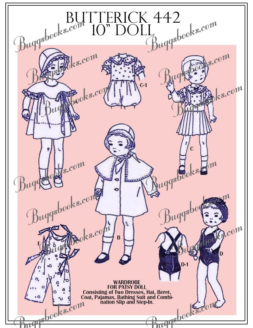 doll sewing pattern reproduction hard copy Butterick 442 for 10 inch patsy