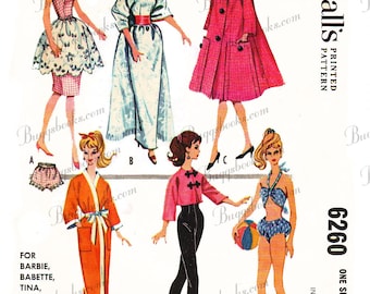 Vintage McCall's 6260 - for 11 1/2 inch dolls such as barbie, doll sewing patterns - 1960's - PDF file