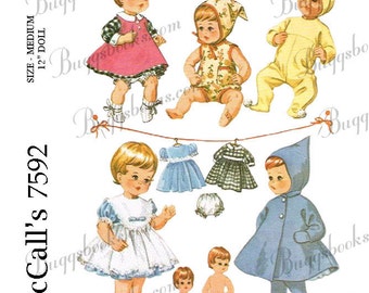 Vintage McCalls 7592 - 12 inch baby doll clothes sewing pattern - PDF