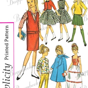 May include: Simplicity sewing pattern number 5861 for making doll clothes. The pattern includes instructions for making six different outfits: a red dress with a white vest, a plaid skirt with a red top, a plaid dress, a green skirt with a yellow top, a floral print top with yellow pants, a blue coat with a white scarf, and a white dress with a red bodice.