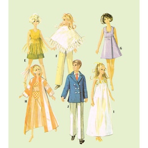 May include: A set of doll clothes featuring a variety of styles, including a white poncho, a blue blazer, a white dress, a yellow and white striped robe, a purple dress, and a yellow skirt with fringe. The doll clothes are labeled with letters E, F, G, H, I, and J.