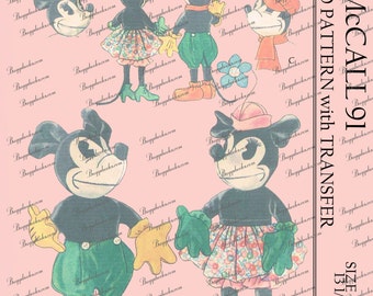 Modello di cucito PDF per bambola Topolino e Minnie vintage anni '30 - altezza 13 1/2 pollici