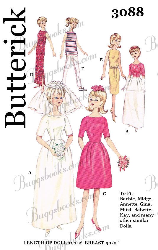 1960's Butterick 3088 PDF Sewing Pattern for Barbie Etc 