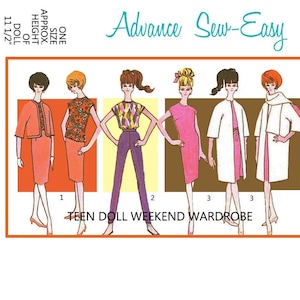 May include: A vintage sewing pattern for a teen doll weekend wardrobe. The pattern includes five outfits: a pink dress, a white coat, a brown coat, a red skirt and top, and a purple pantsuit. The pattern is for a doll that is 11 1/2 inches tall.