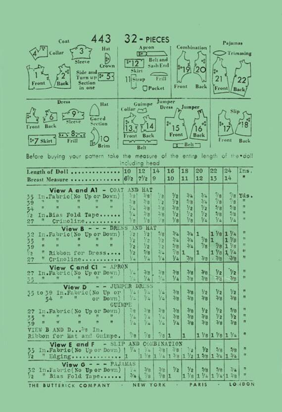 doll sewing pattern reproduction hard copy Butterick 442 for 10 inch patsy