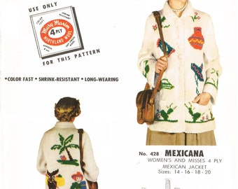 Mary Maxim 428 - Mexicana women's and misses mexican jacket to knit - graph knitting - sizes 14,16,18,20 PDF pattern