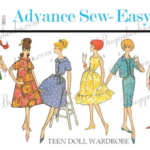 May include: Sewing pattern for a teen doll wardrobe. The pattern includes six different outfits: a green pajama set, a floral print dress, a blue polka dot dress, a yellow dress with a ruffle hem, a blue skirt and jacket set, and a red dress. The pattern is for dolls that are 11 1/2 inches tall.