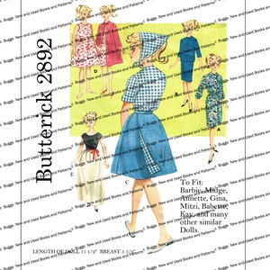 May include: A vintage sewing pattern for making doll clothes. The pattern is for dolls that are 11 1/2 inches tall and have a 5 1/2 inch bust. The pattern includes instructions for making a variety of dresses, including a blue gingham dress, a white dress with a red bow, and a red dress with a white collar. The pattern also includes instructions for making a cape and a hat. The pattern is titled "Butterick 2892" and is designed to fit Barbie, Midge, Annette, Gina, Mitzi, Babette, Kay, and many other similar dolls.