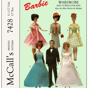 1960&#39;s McCalls 7428 - for 11 1/2 inch girl dolls and 12 inch boy dolls - barbie, etc doll clothes sewing pattern - PDF