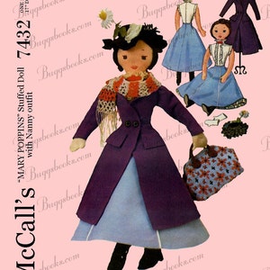 Puede incluir: Un patrón de costura vintage para una muñeca Mary Poppins con un abrigo morado, una falda azul y un sombrero a juego. El patrón incluye instrucciones para hacer un atuendo de niñera a juego. El número del patrón es McCall's 7432.