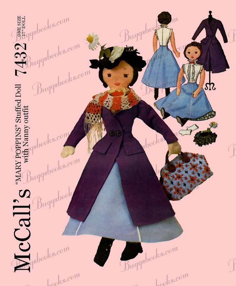 May include: A vintage sewing pattern for a Mary Poppins doll with a purple coat, blue skirt, and a matching hat. The pattern includes instructions for making a matching nanny outfit. The pattern number is McCall's 7432.