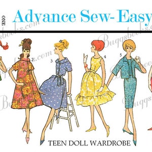 May include: A sewing pattern for a teen doll wardrobe. The pattern includes six different outfits: a green pajama set, a floral print dress, a blue polka dot dress, a yellow dress with a ruffle hem, a blue and white jacket and skirt set, and a red dress with a white trim.
