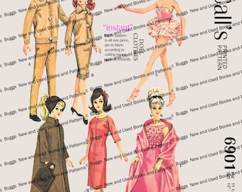 Vintage McCalls 6901- Doll Sewing Pattern - for 11 1/2 inch and 12 inch dolls - barbie and ken - 1960's - wartime outfits - PDF