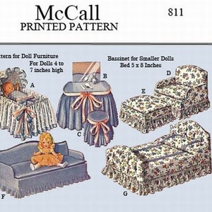 Vintage McCall 811 - Pattern to make doll furniture for dolls 4 to 7 inches high, bassinet, bed, chairs, etc -PDF