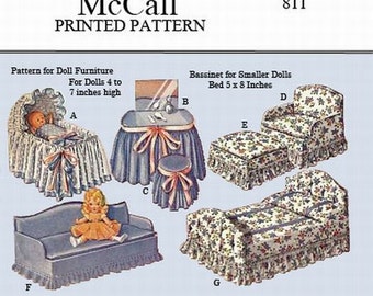 Vintage McCall 811 - Pattern to make doll furniture for dolls 4 to 7 inches high, bassinet, bed, chairs, etc -PDF