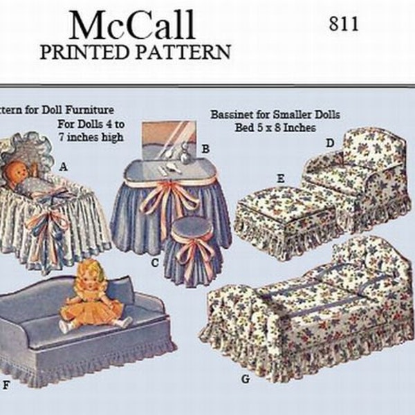 vintage McCall 811 - Patron pour fabriquer des meubles de poupée pour poupées de 4 à 7 pouces de haut, berceau, lit, chaises, etc -PDF