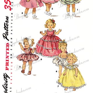 May include: Vintage Simplicity sewing pattern for doll clothes. The pattern is for a 8-inch doll and includes seven different outfits: a coat, a dress with a ruffled skirt, a dress with a green and white striped skirt, a dress with a pink and white polka dot skirt, a dress with a red and white floral print skirt, a dress with a white skirt, and a dress with a yellow skirt. The pattern is printed on a white background with red and black text.